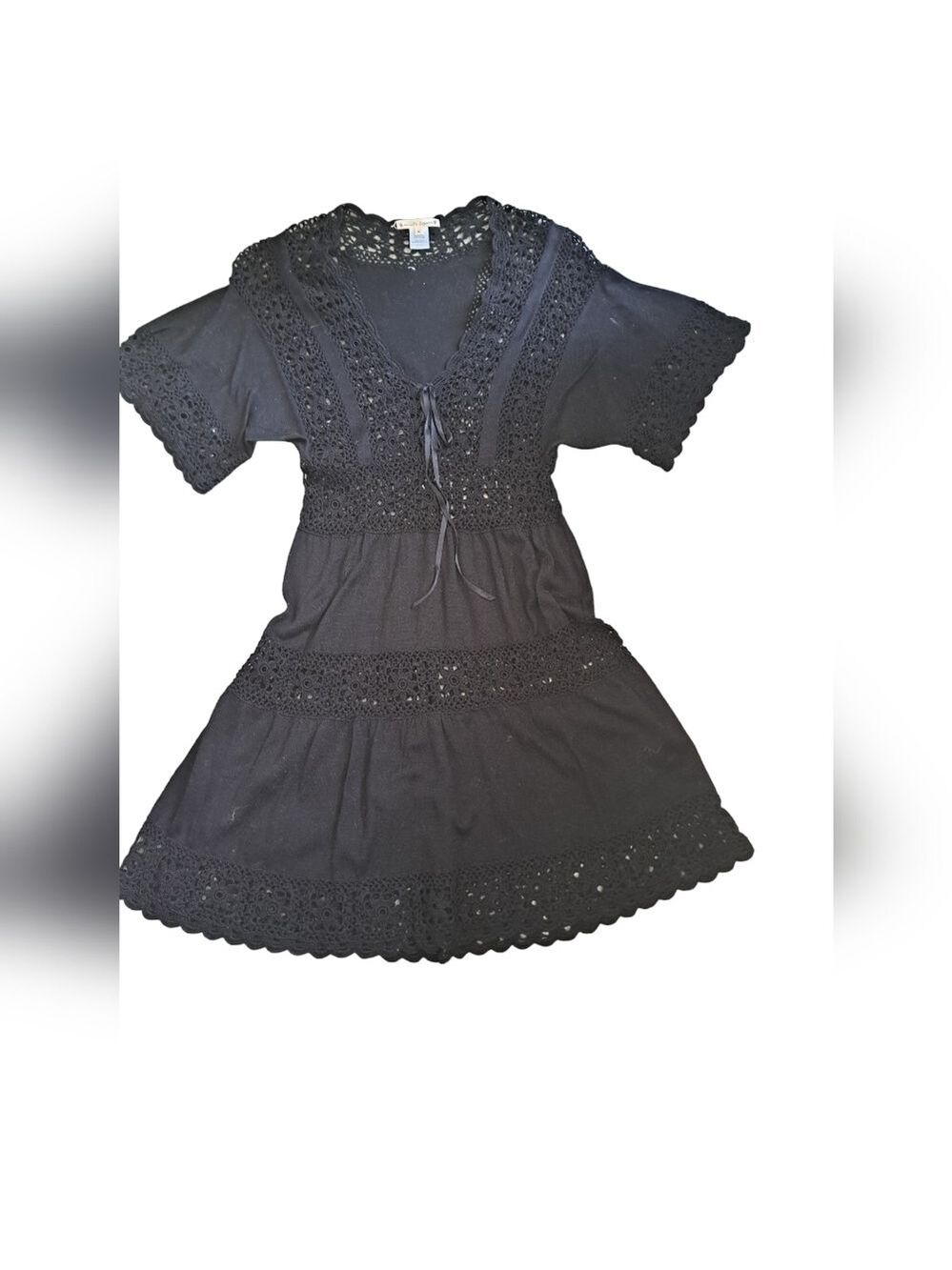 NANETTE LEPORE black cotton crochet knit cut out short sleeve cover up dress M - Picture 8 of 10